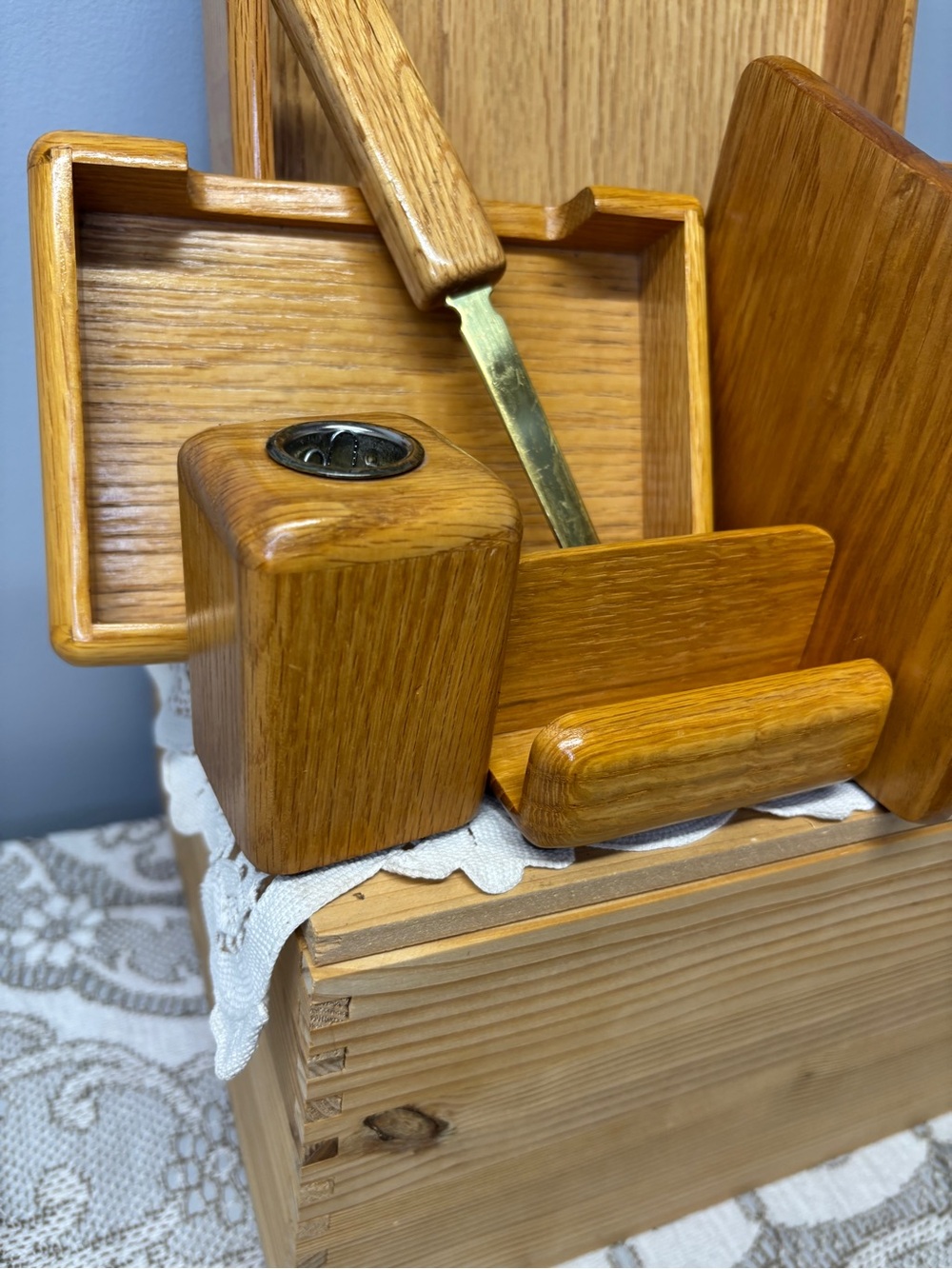 Vintage Solid Oak Wood Desk Organizer Set 6 Pieces Executive Office Accessories - Picture 2 of 7